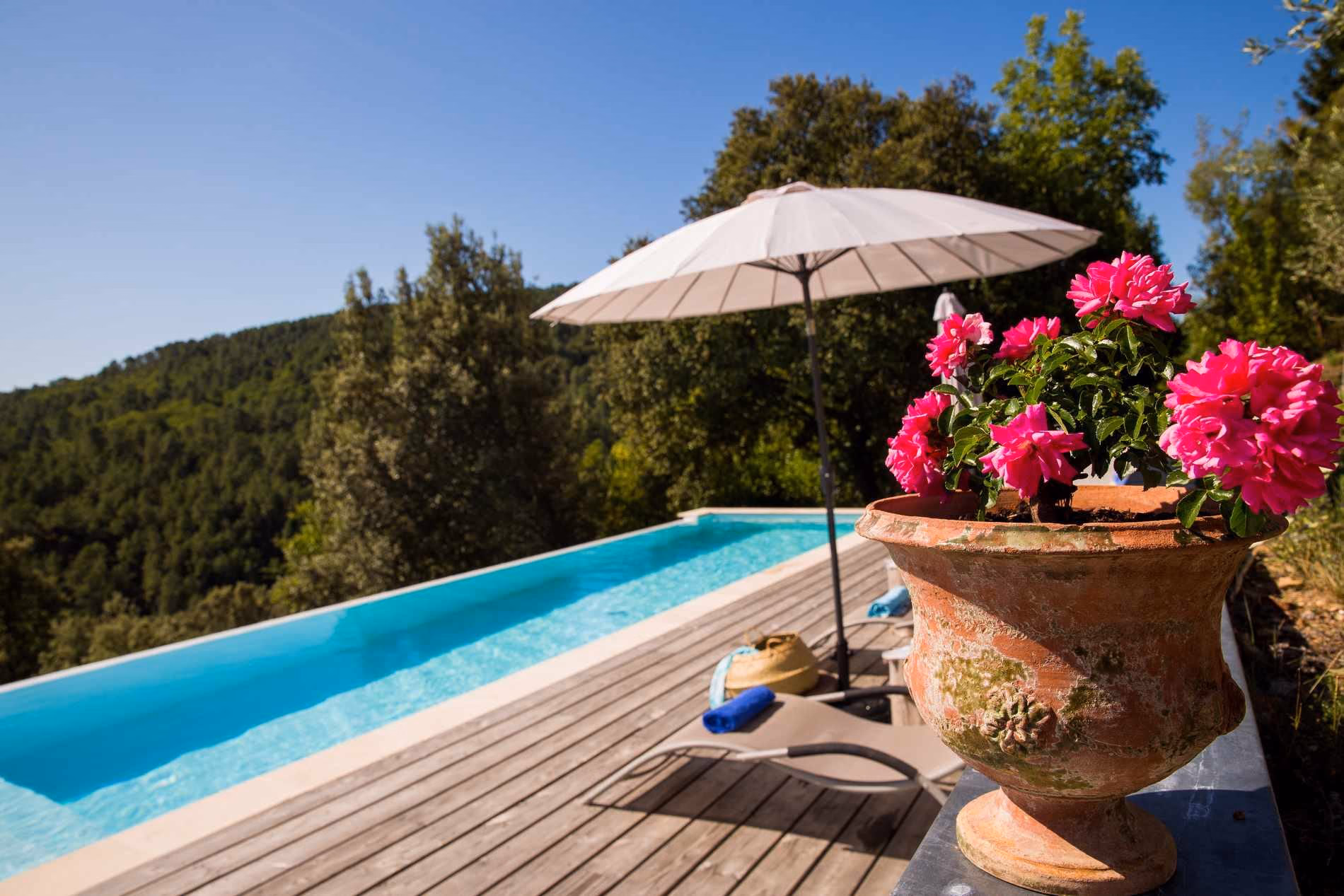 Débordement tourné vers la vallée boisée, terrasse en bois et pot fleuri, à Chassiers