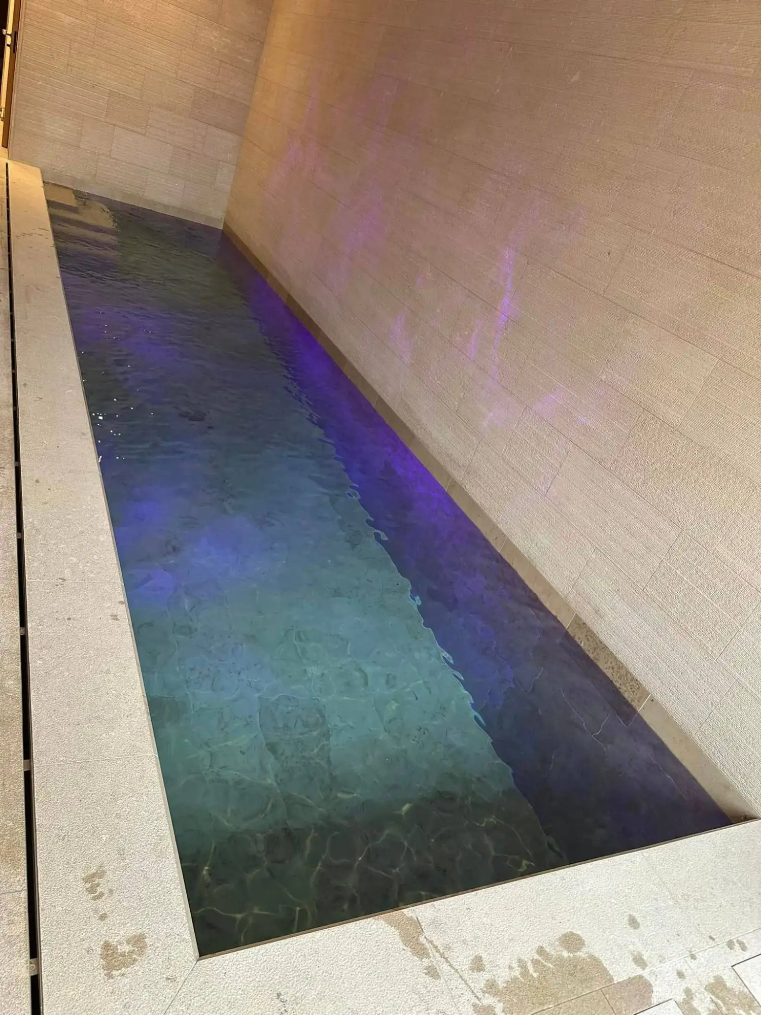 Piscine intérieure en béton, bassin allongé éclairé entre des murs habillés de pierre claire, en Ardèche