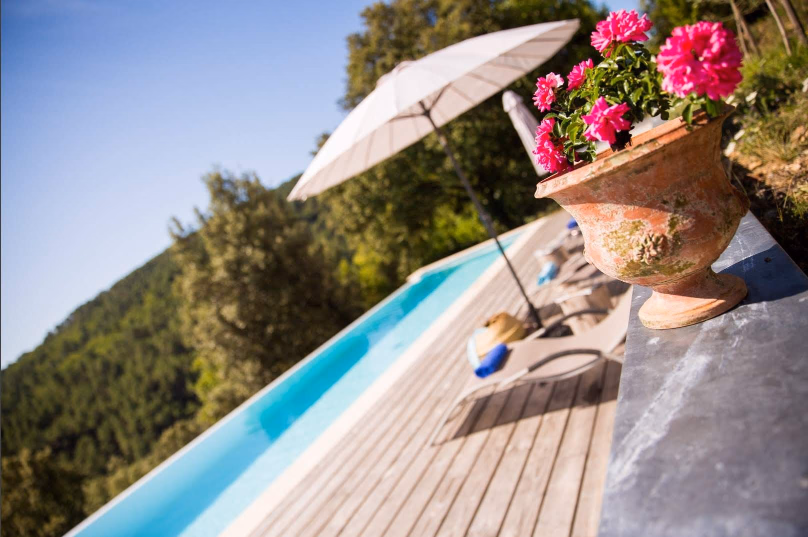 Piscine traditionnelle en béton au pied d'un mas en pierre, terrasse fleurie et parasol