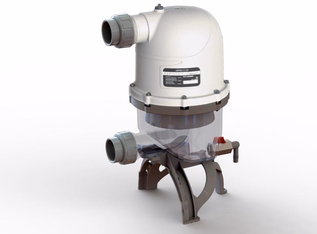Préfiltre hydrocyclonique Hydrospin Compact, corps blanc sur son support