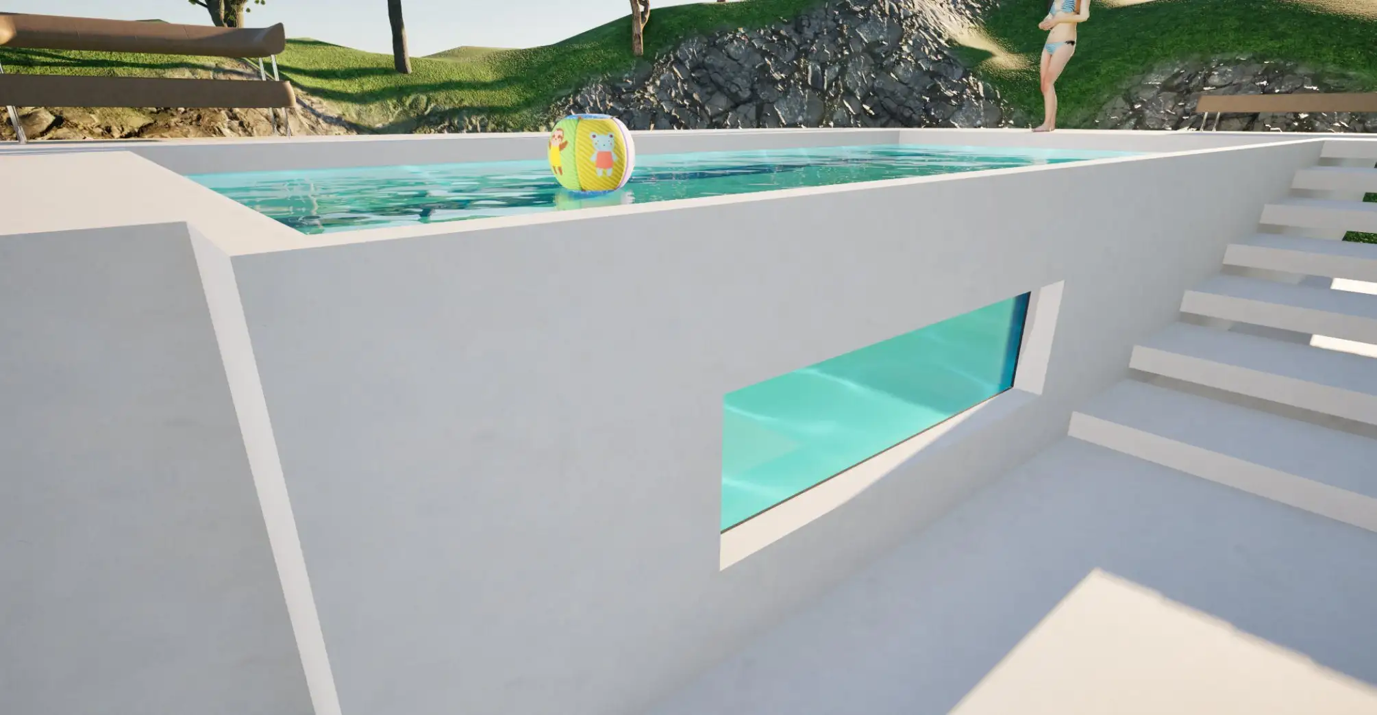 Piscine avec hublot panoramique dans la paroi, vue depuis le jardin