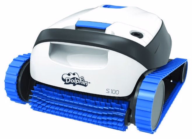 Robot de piscine électrique Dolphin S 100, coque blanche et chenilles bleues